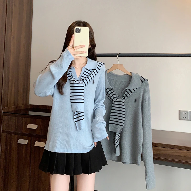 条纹披肩刺绣polo领针织衫2025秋季新款胖mm大码女时尚减龄老钱风