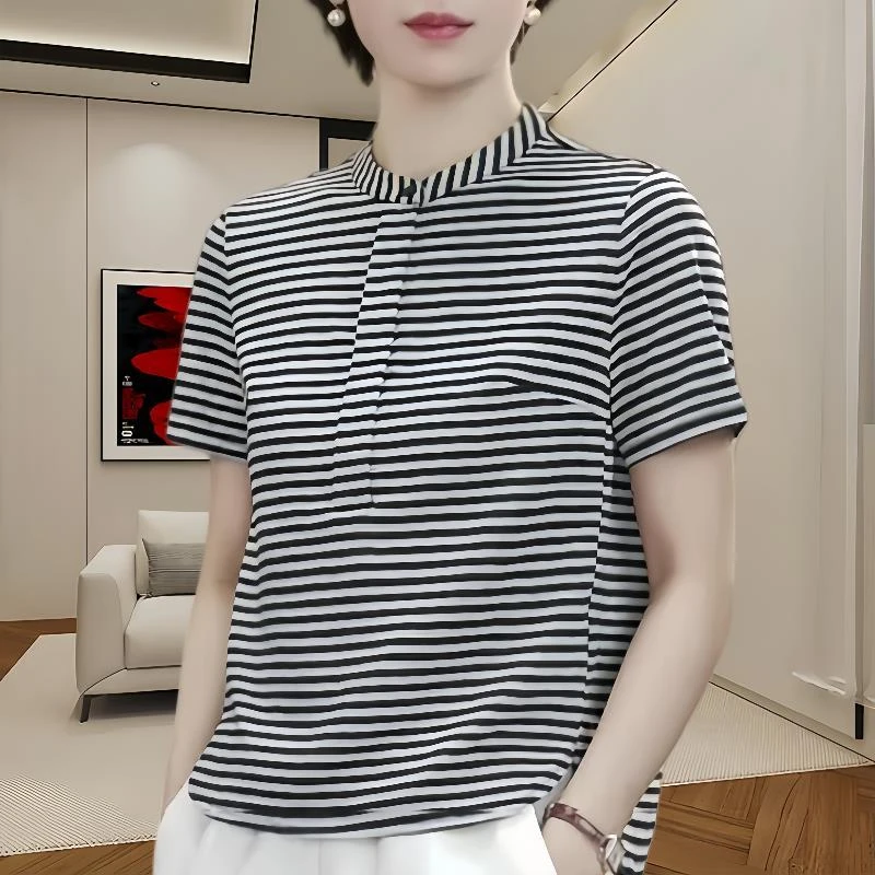 条纹短袖t恤女夏季薄款2025新款宽松显瘦设计感正肩半袖体恤上衣