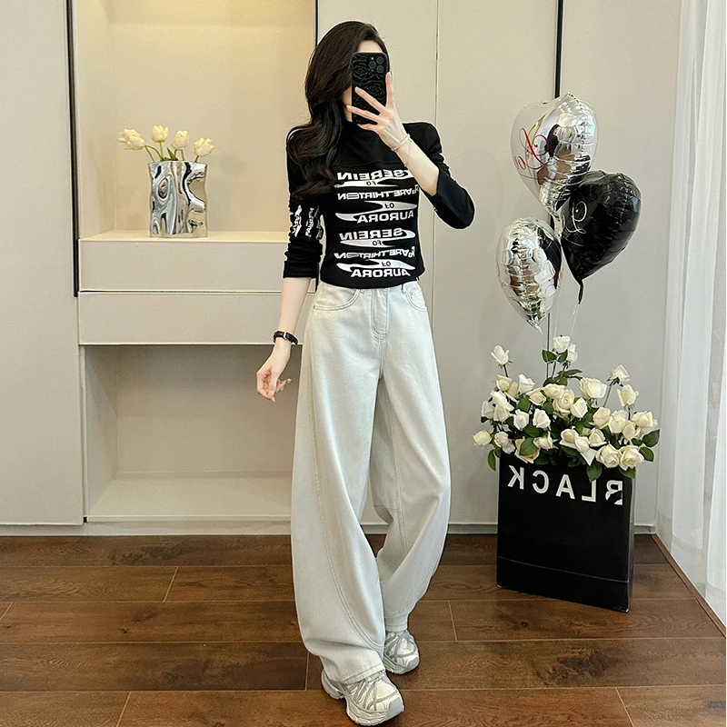 美式甜辣字母T恤女短款春秋正肩长袖上衣高腰宽松牛仔弯刀阔腿裤