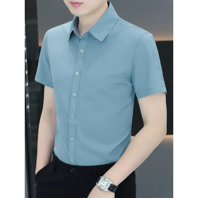 纯色衬衫男士夏季短袖冰丝凉爽高级男款长袖商务抗皱免烫弹力衬衣