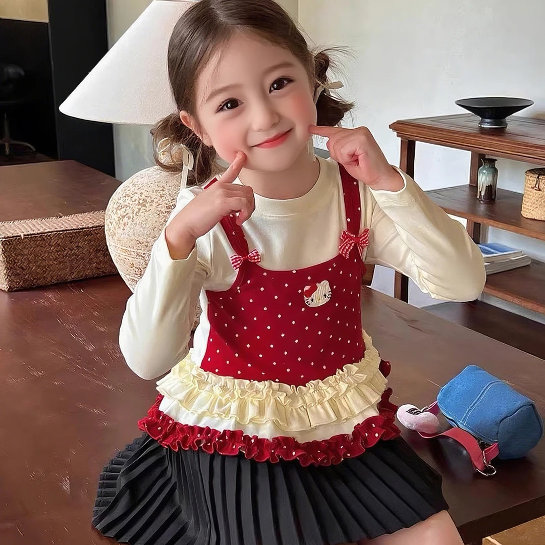 2025童装女童红色假两件T恤秋季新款儿童女宝波点花边上衣