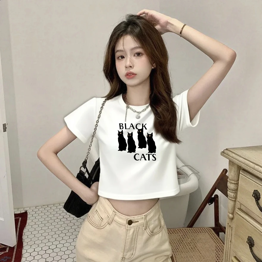 黑色正肩高腰短款t恤女夏季露脐2025新款小个子修身显瘦短袖上衣