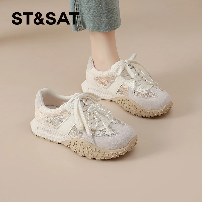 星期六透气蕾丝德训鞋2025夏季休闲网面鞋百搭厚底时尚潮牌运动鞋