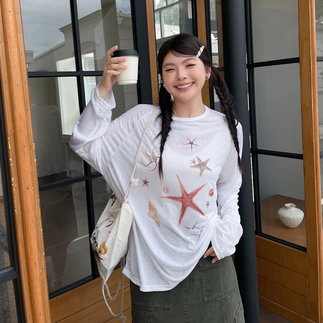 大码女装夏日松弛感T恤长袖罩衫独特漂亮气质上衣
