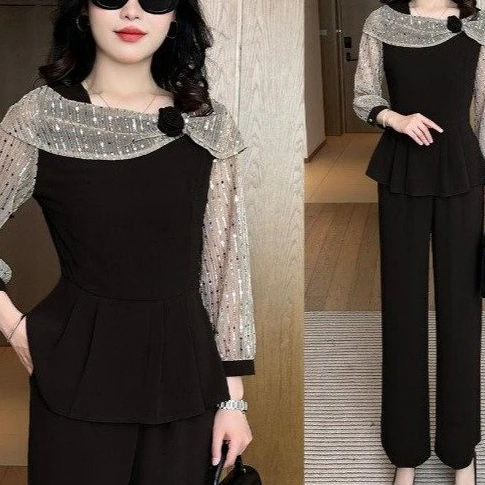 蕾丝时尚套装女2025春季新款小个子洋气显瘦拼接上衣阔腿裤两件套