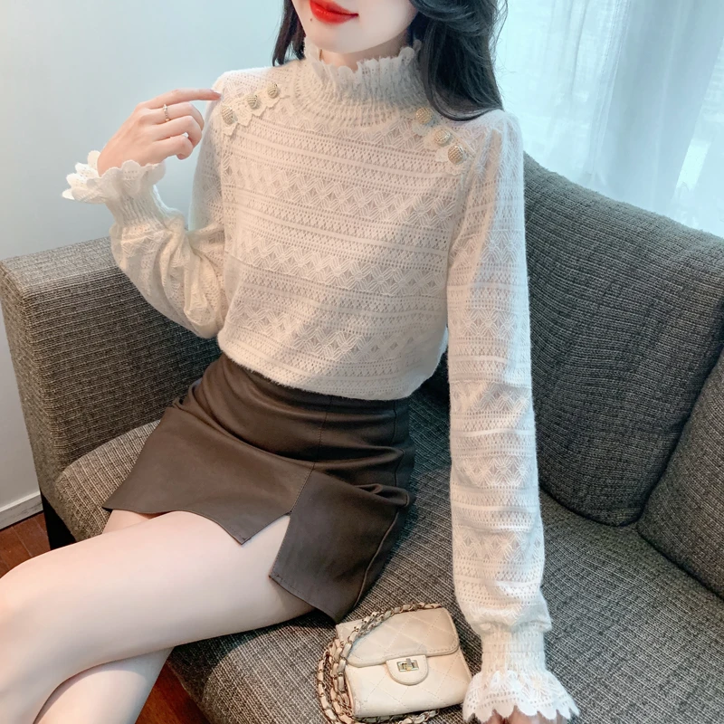 加绒加厚法式漂亮蕾丝衫女半高领长袖上衣秋冬保暖磨毛内搭打底衫