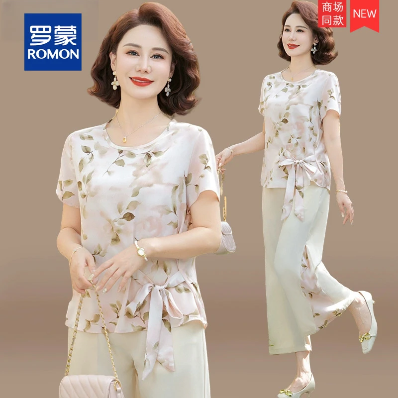 年轻妈妈夏装套装2025新款洋气雪纺短袖上衣中老年阔太太两件套女