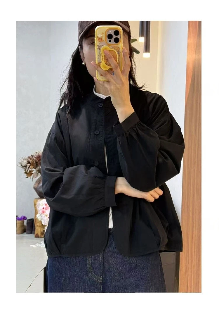 斜纹棉文艺复古黑色外套女2025年新款秋季百搭时尚宽松通勤上衣