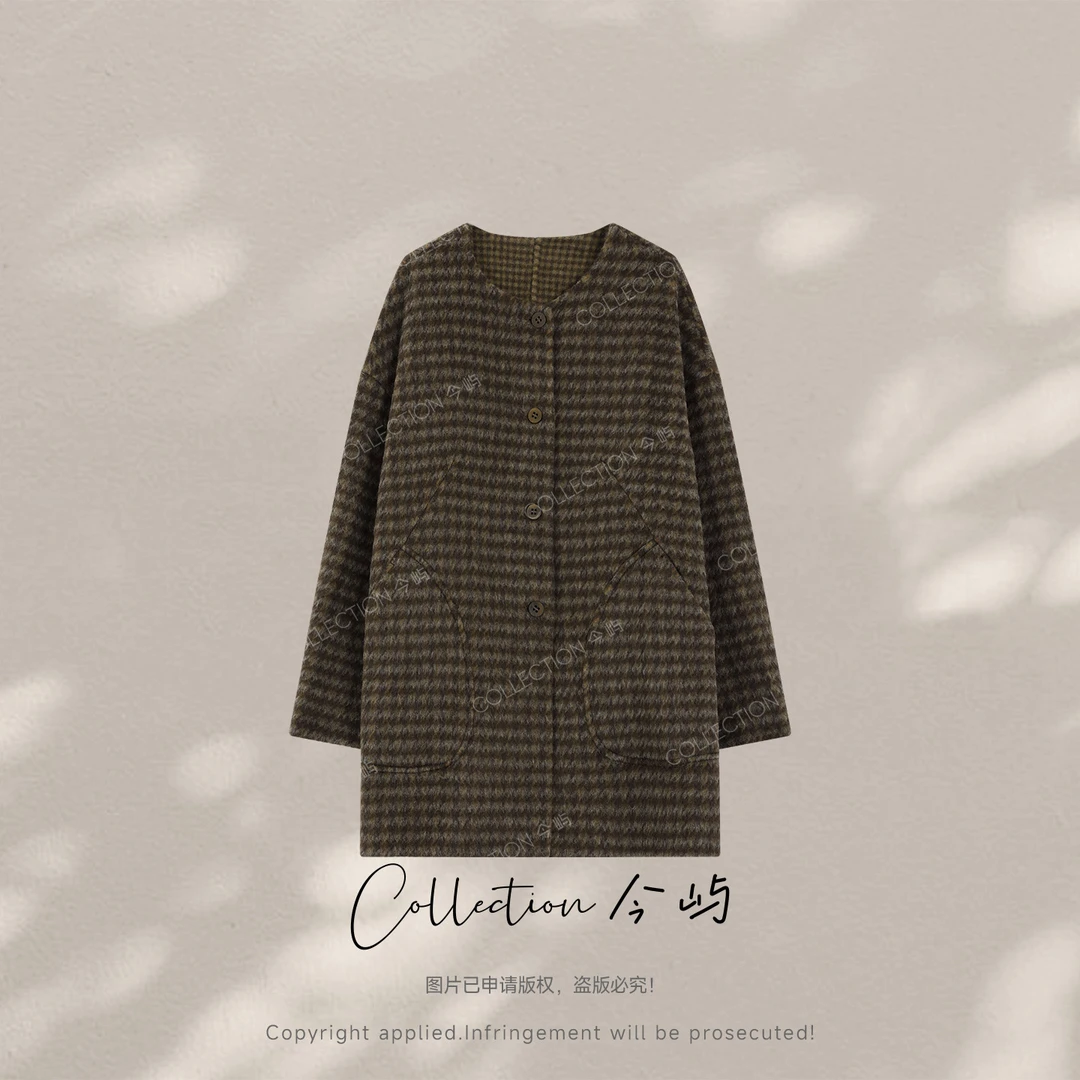 Collection今屿 设计师高级感气质千鸟格中长款大衣 JY2504N5720