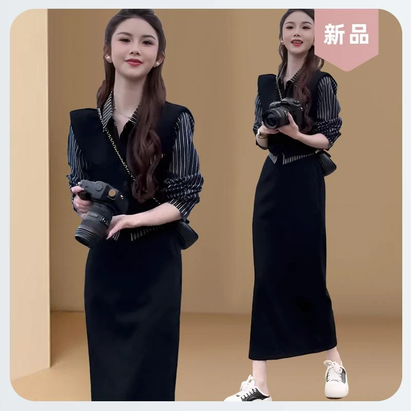 女神范时尚气质套装女春秋新款小个子假两件衬衣开叉半身裙两件套