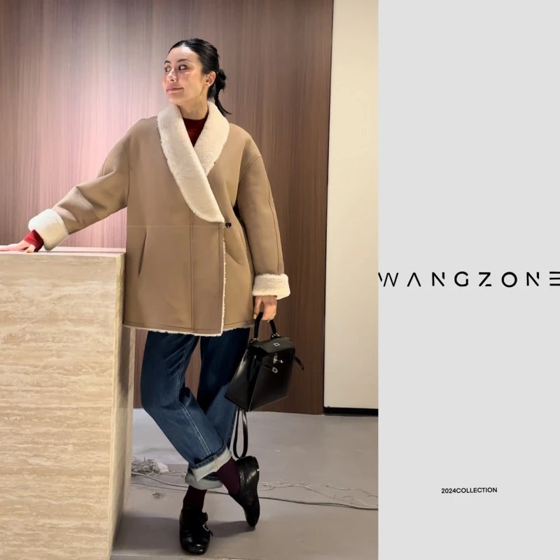 WANG ZONE｜优雅奢贵 西班牙进口A级绒面美丽奴小翻领皮毛一体外套