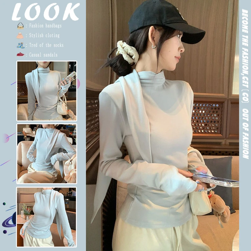 温柔风蓝色飘带半高领长袖t恤女春秋季chic修身显瘦内搭打底上衣