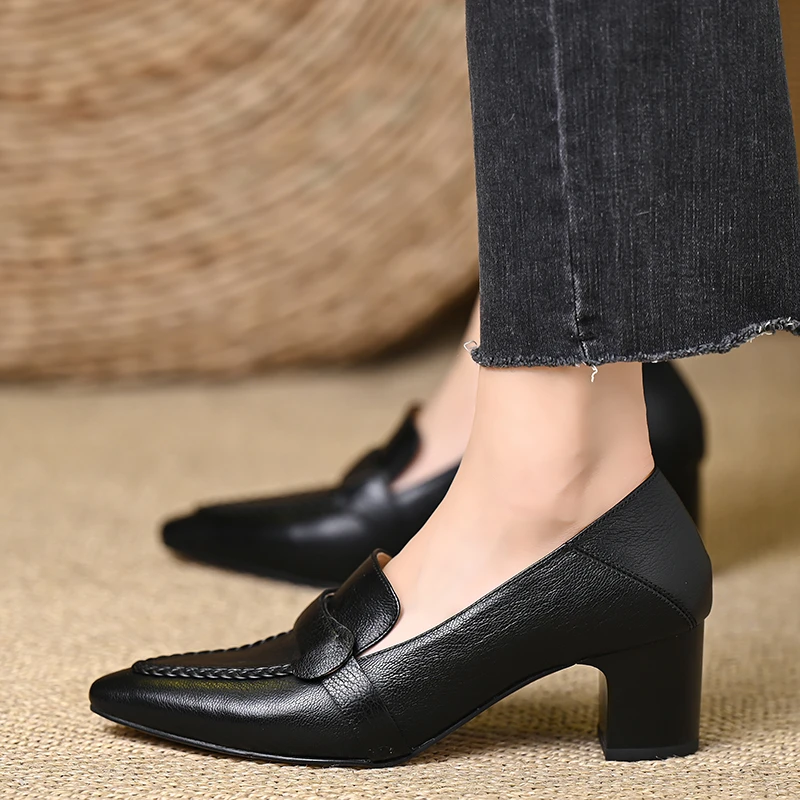 V家~6厘米头层羊皮复古风棕色浅口粗跟单鞋女通勤尖头高跟鞋秋