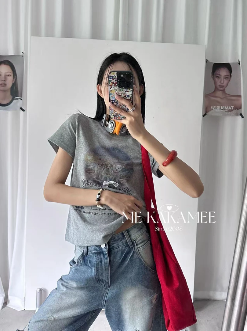 福秒-三只小狗印花、简约日常百搭短袖上衣（KA8566#）KAKAME