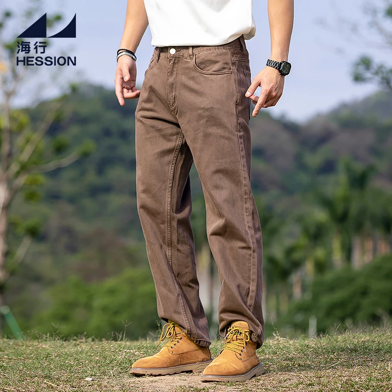 海行咖啡色美式复古做旧牛仔裤男2025年夏季新款宽松水洗阔腿长裤