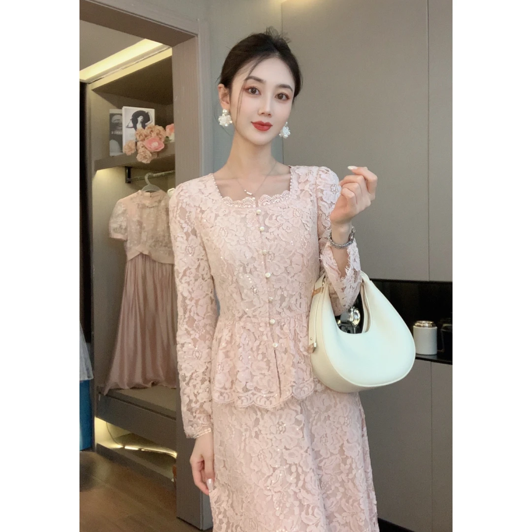 【梦梦&GERTC】胭脂海棠 秋季法式蕾丝刺绣珠片套装CC253A3062