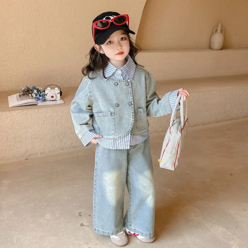女童套装春秋新款洋气儿童假两件外套宝宝韩版休闲牛仔三件套童装
