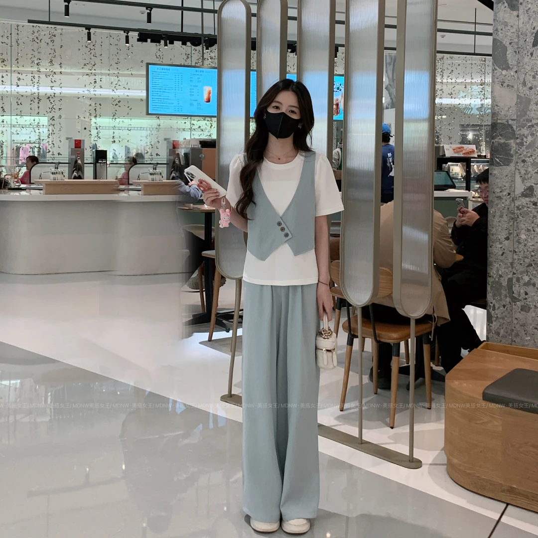 【MDNW】时尚套装女时髦洋气假两件拼接短袖阔腿裤两件套TZ2078