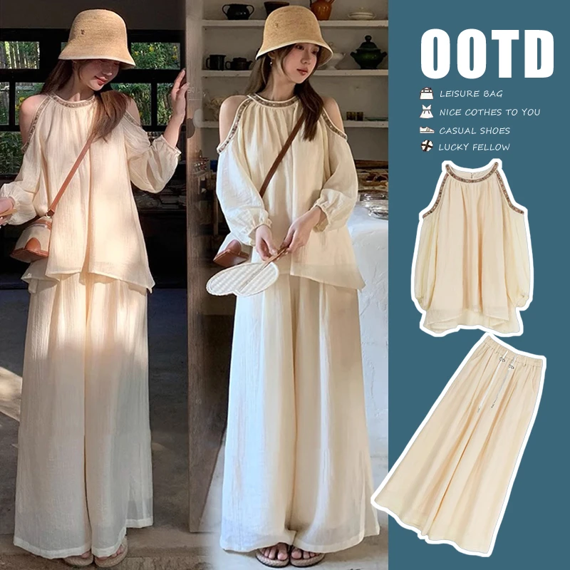 孕妇装2025度假风清爽透气露肩上衣宽松衬衫猪鼻阔腿裤两件套装