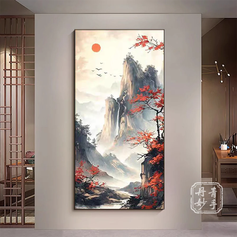 鸿运当头玄关装饰画新中式入户进门招财山水壁画客厅走廊过道挂画