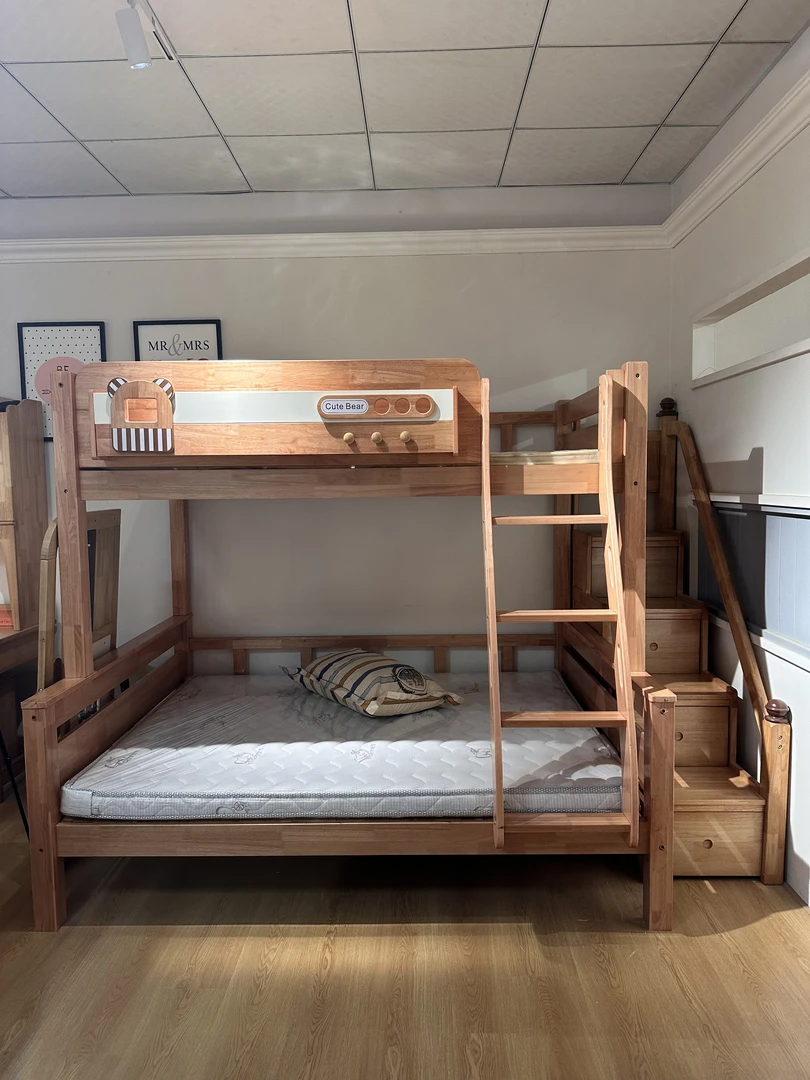 休闲风拆装小熊高低床子母床实木床书报架（单床）