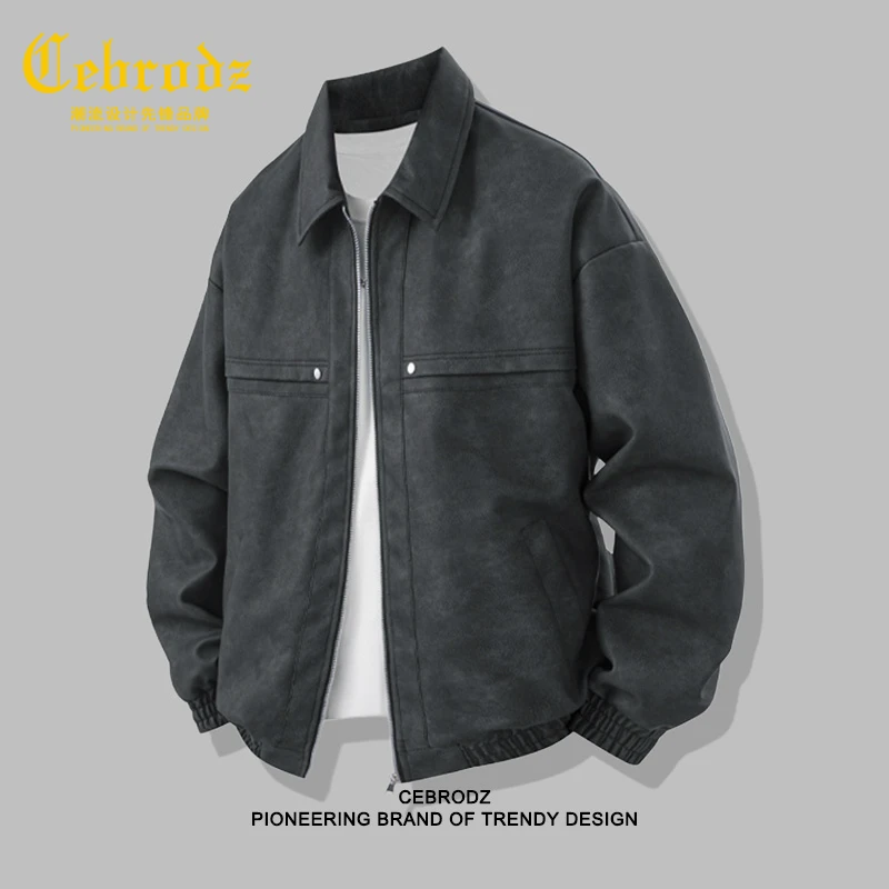 法国Cebrodz春秋新款美式皮衣外套宽松工装港风男士夹克潮秋冬男