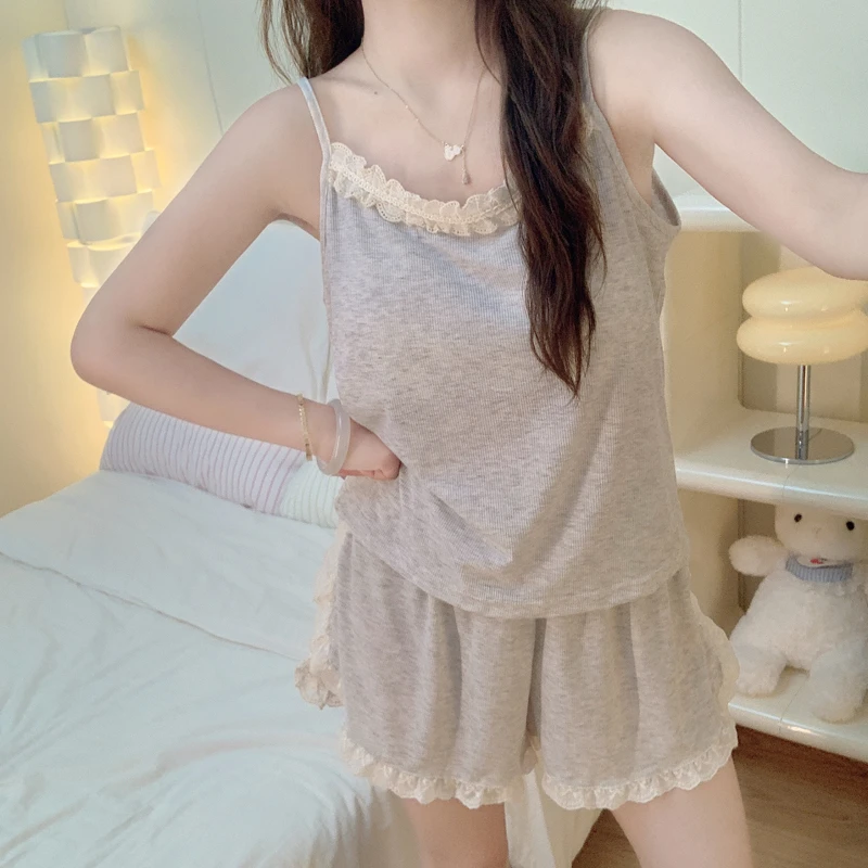 【带胸垫一体】吊带短裤睡衣女2025新款雪花彩棉夏季花边家居服套装