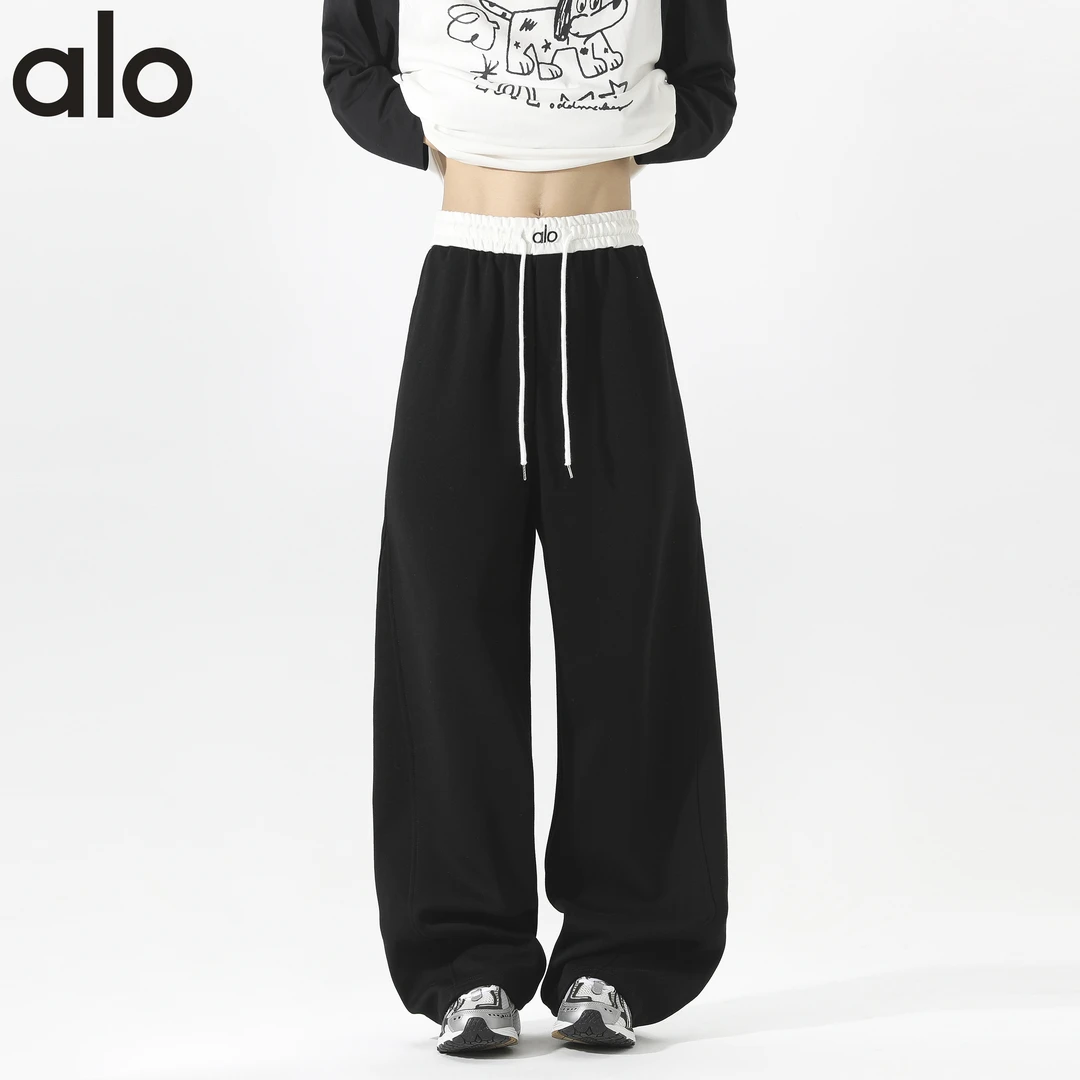 ALO美式潮牌弯刀裤高街阔腿裤宽松直筒卫裤复古巴恩风拼接休闲裤