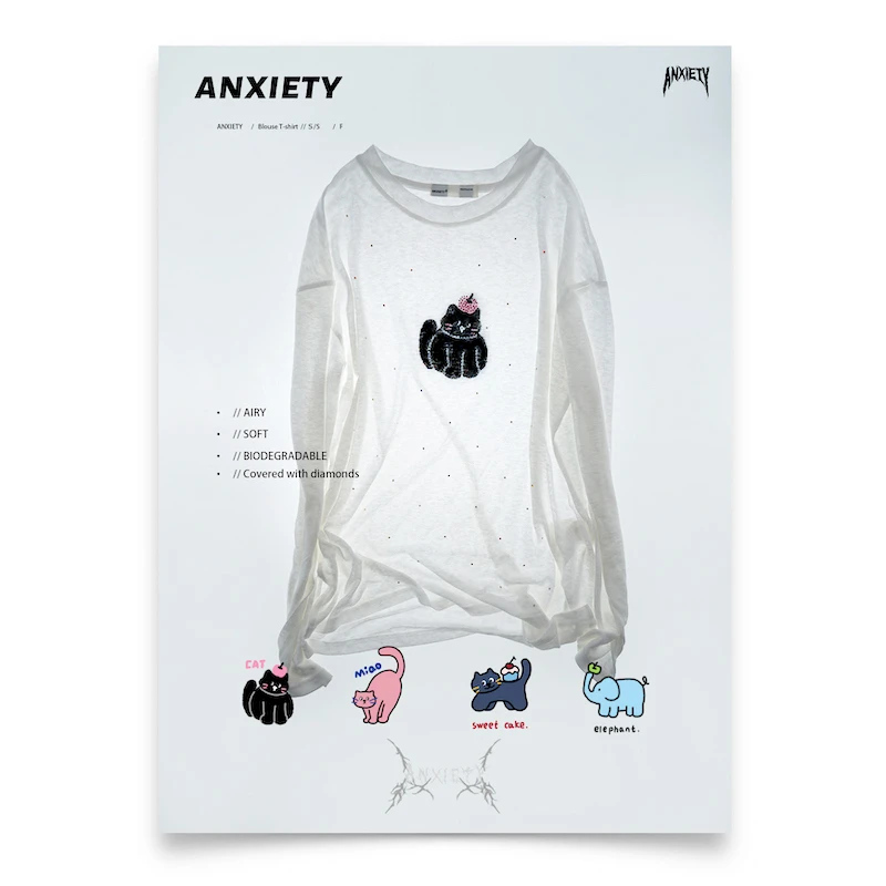 ANXIETY 卡通联名系列 彩钻 星空满钻 圆领长袖宽松T恤罩衫女