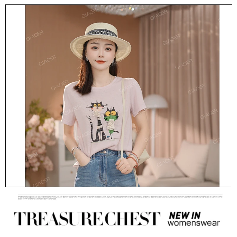 乔儿定制【情侣猫t】桑蚕丝+莱赛尔天丝+亚麻新款百搭T恤女薄款半袖