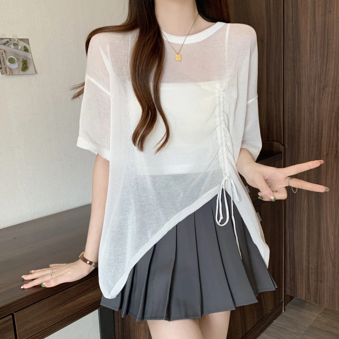 不规则防晒罩衫短袖t恤女夏季薄款大码胖mm宽松显瘦抽绳冰丝上衣
