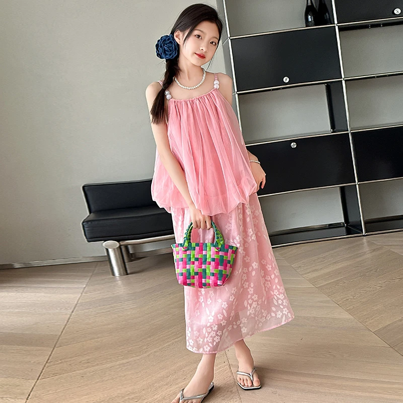 女童新款吊带连衣裙2025新款洋气中大童碎花时尚无袖网纱公主裙潮