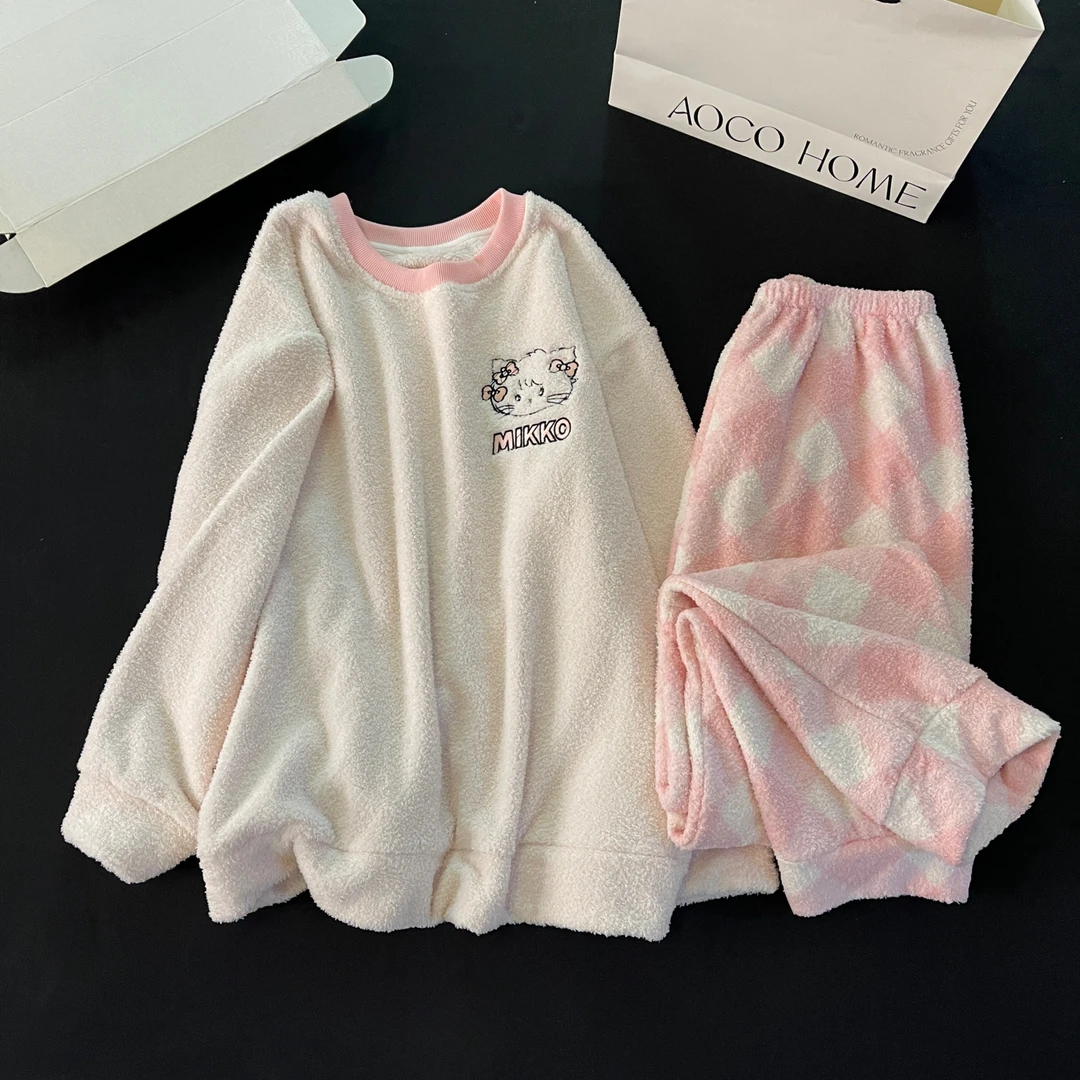 珊瑚绒睡衣女秋冬季加厚2025新款冬天仿半边绒粉格猫咪套装家居服
