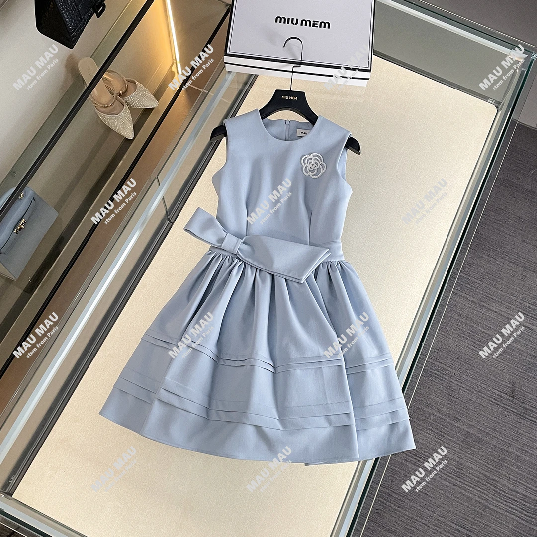 现货 法式甜美腰间蝴蝶结设计下摆压褶蓬蓬连衣裙女DY7059