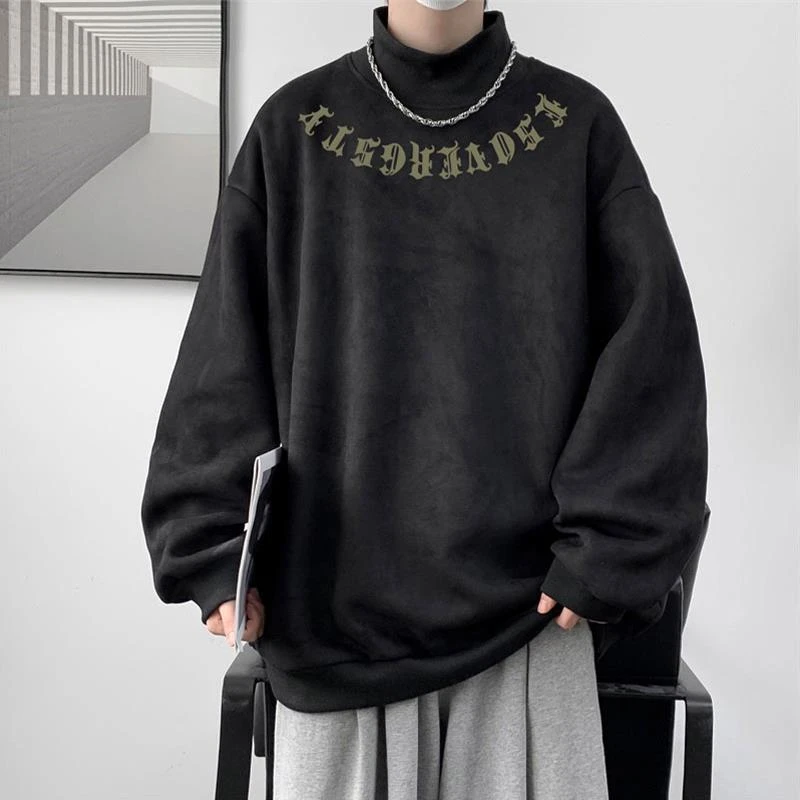 大码300斤半高领麂皮绒打底衫男薄款春秋内搭卫衣男生宽松长袖T恤