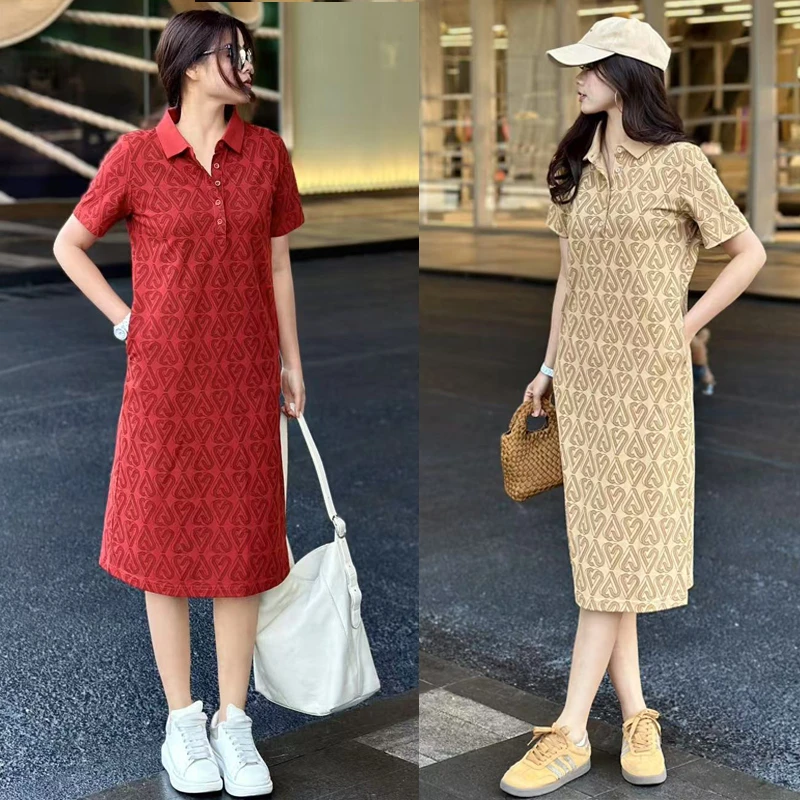 夏新女款韩版珠地棉印花POLO翻领短袖过膝长款大码显瘦连衣裙T裙