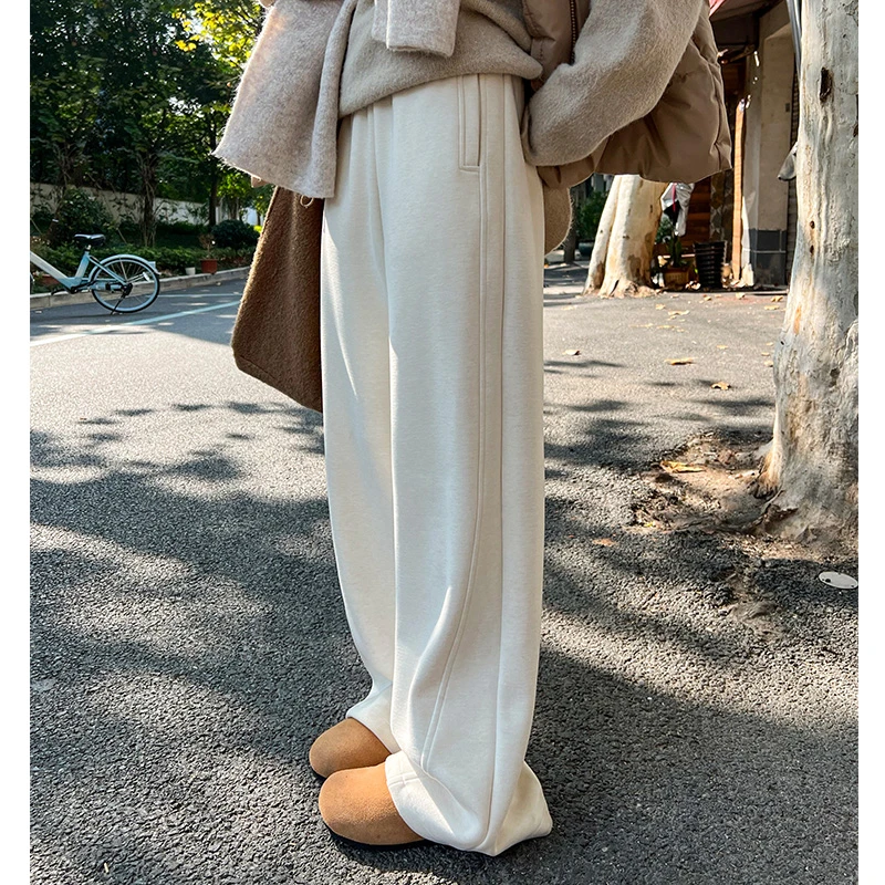 加绒毛呢阔腿裤女秋冬2025新款高腰百搭宽松显瘦垂感直筒糯米长裤