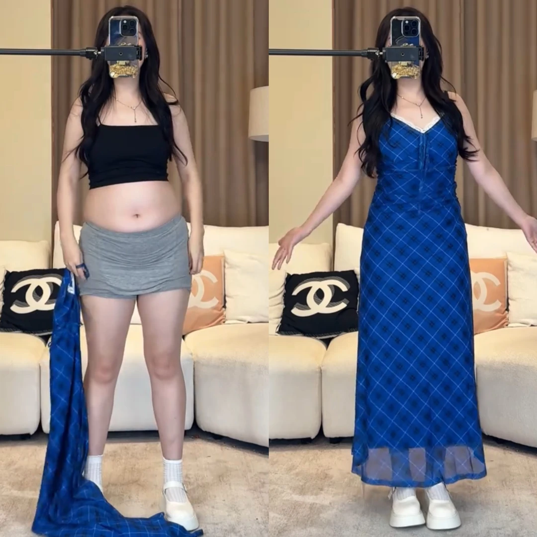 法式蓝色连衣裙女夏季性感V领吊带裙收腰显瘦A字长裙绝美长款裙子