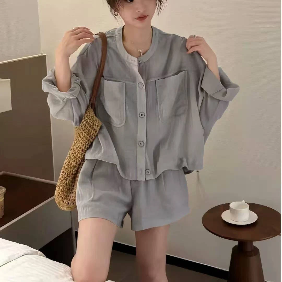 2025夏季新款圆领宽松长袖防晒衫上衣短裤套装女抽绳显瘦两件套