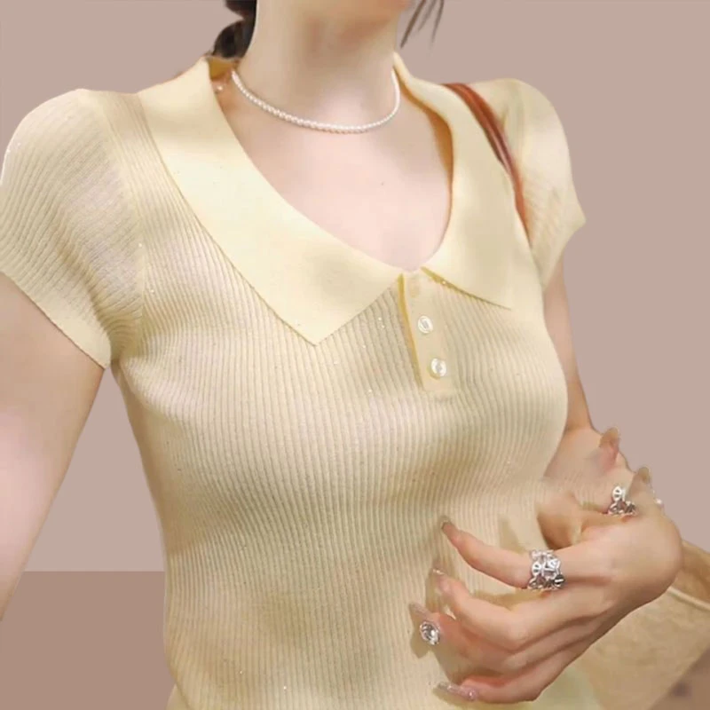 2025夏季新款修身纯色翻领短袖针织衫女士高级感宽松休闲薄款上衣