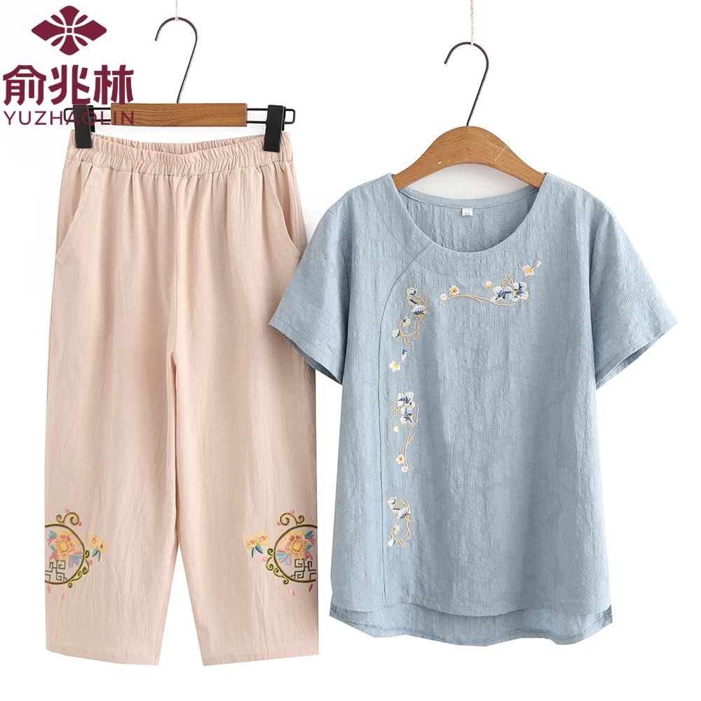 俞兆林中老年夏装套装棉麻短袖洋气奶奶夏季绣花衣服妈妈装夏款