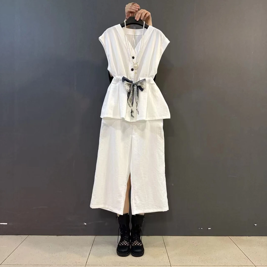 大码新款V领收腰系带无袖上衣阔腿裤老钱风洋气两件套