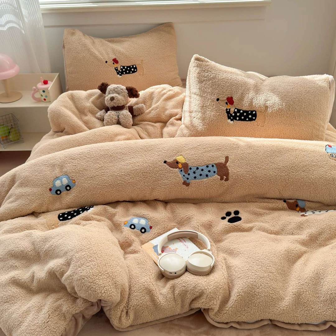 卡通腊肠狗羊羔绒床上四件套牛奶绒被套腊肠狗美拉德牛奶绒四件套