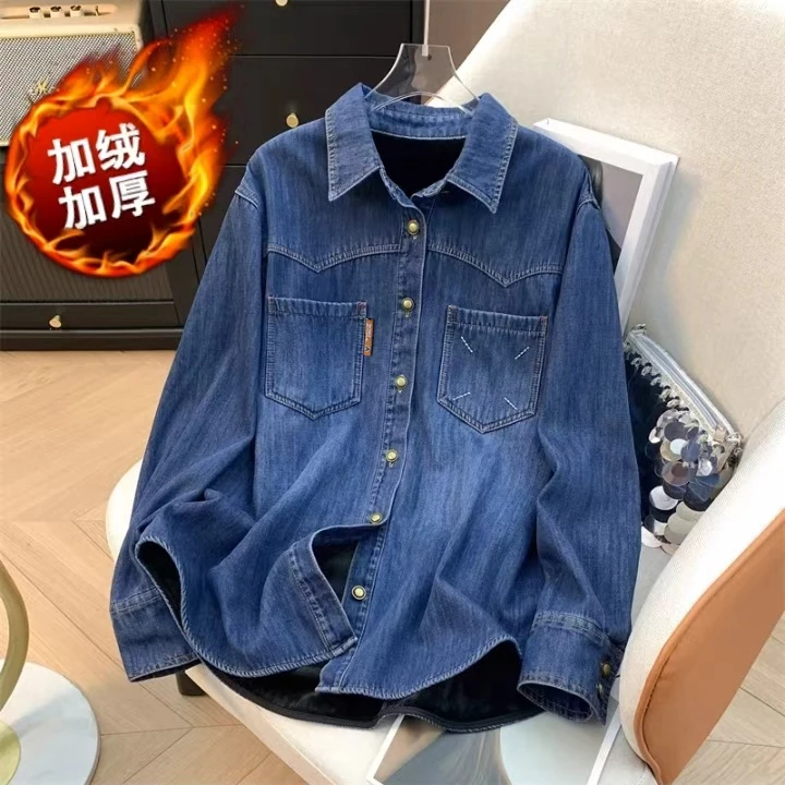 加绒加厚牛仔衬衫女秋冬韩系宽松显瘦叠穿内搭复古休闲衬衣外套