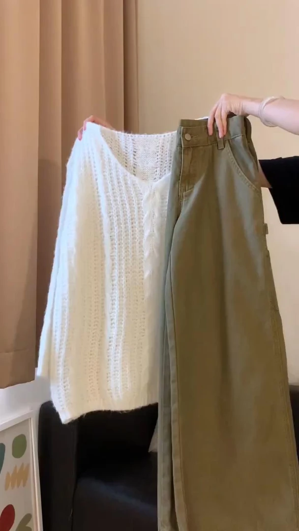 早秋穿搭一整套chic高级感套装女镂空v领长袖针织衫阔腿裤两件套