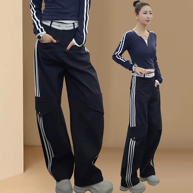 2025春秋新款美式复古工装裤女显瘦直筒阔腿裤宽松条纹休闲运动裤