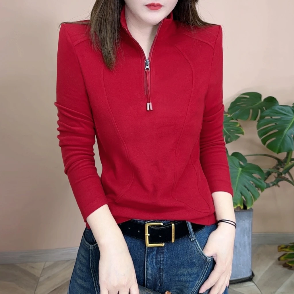 2025冬季新品时尚百搭修身显瘦加绒加厚半拉链打底女士上衣7811