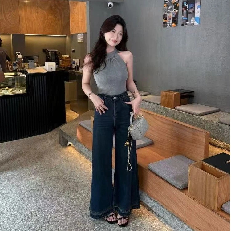 PERIKAS复古蓝高腰秋新款时尚阔腿显瘦流苏设计感裤子宽松慵懒风