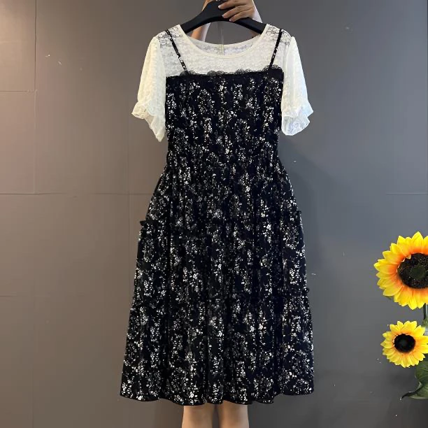 时尚甜美蕾丝拼接收腰显瘦法式碎花连衣裙8836