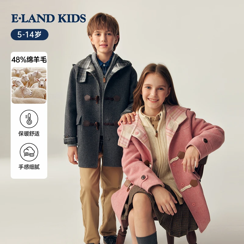 【含绵羊毛】E·LAND KIDS衣恋女童呢大衣25年冬学院风EKJWF8T11B